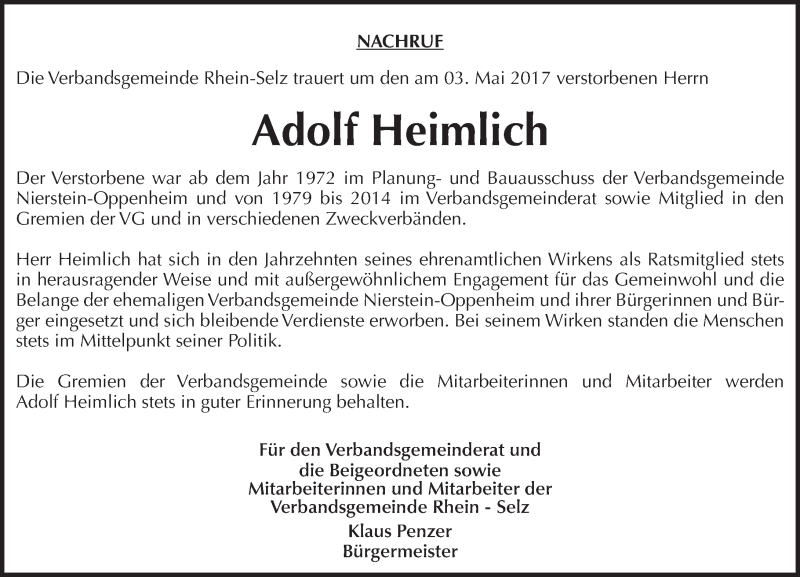  Traueranzeige für Adolf Heimlich vom 06.05.2017 aus Trauerportal Rhein Main Presse