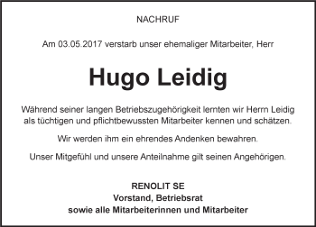Traueranzeige von Hugo Leidig von Trauerportal Rhein Main Presse