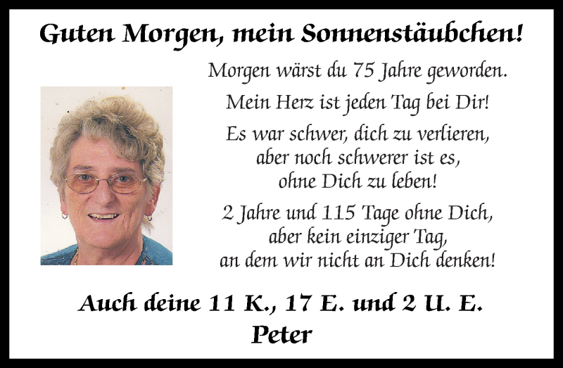  Traueranzeige für Sonnenstäubchen  vom 24.05.2017 aus Trauerportal Rhein Main Presse
