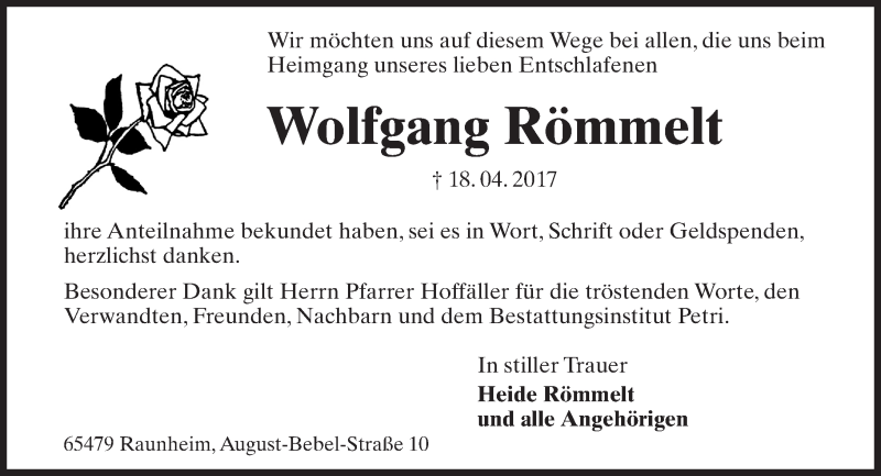  Traueranzeige für Wolfgang Römmelt vom 13.05.2017 aus Trauerportal Rhein Main Presse