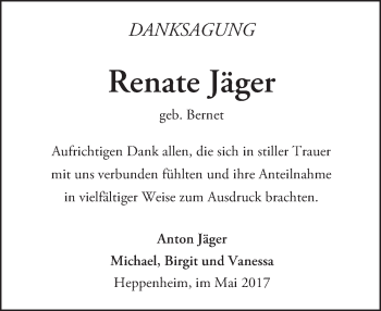 Traueranzeige von Renate Jäger von Trauerportal Echo Online