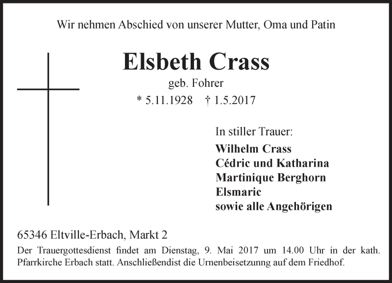  Traueranzeige für Elsbeth Crass vom 04.05.2017 aus Trauerportal Rhein Main Presse