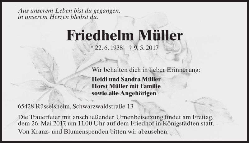  Traueranzeige für Friedhelm Müller vom 20.05.2017 aus Trauerportal Rhein Main Presse