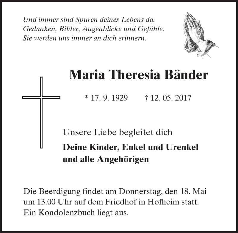  Traueranzeige für Maria Theresia Bänder vom 16.05.2017 aus Trauerportal Echo Online
