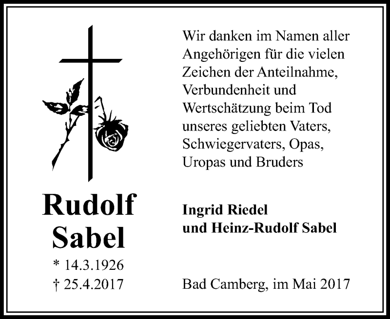  Traueranzeige für Rudolf Sabel vom 11.05.2017 aus  Camberger Anzeiger