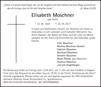 Traueranzeige von Elisabeth Moschner von Trauerportal Echo Online