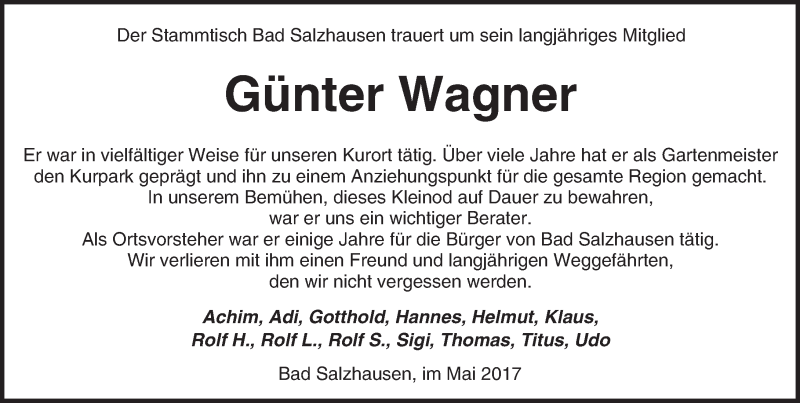  Traueranzeige für Günter Wagner vom 27.05.2017 aus  Kreisanzeiger