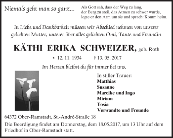 Traueranzeige von Käthi Erika Schweizer von Trauerportal Echo Online