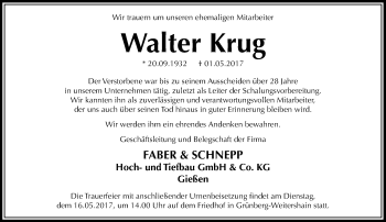 Traueranzeige von Walter Krug von  Gießener Anzeiger