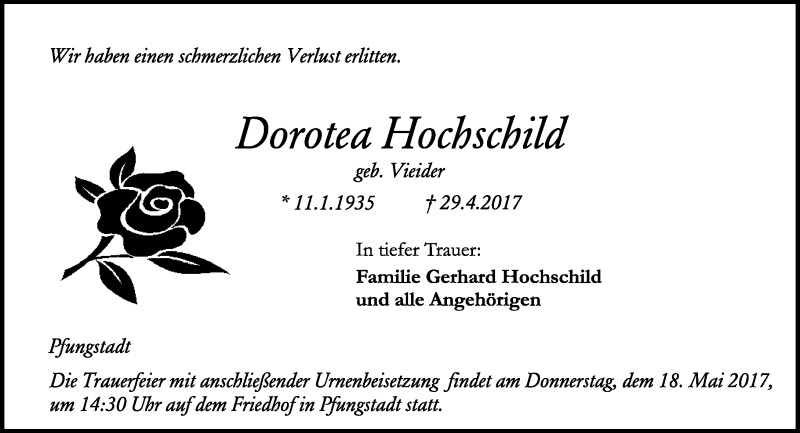  Traueranzeige für Dorotea Hochschild vom 13.05.2017 aus Trauerportal Echo Online