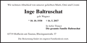 Traueranzeige von Inge Baltruschat von Trauerportal Rhein Main Presse