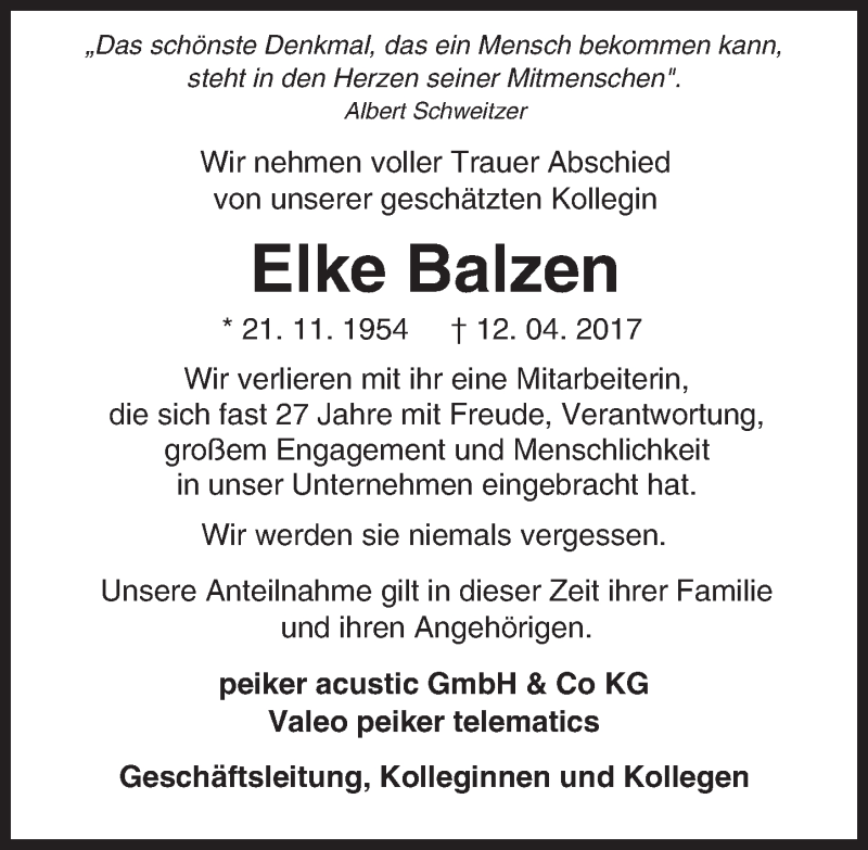  Traueranzeige für Elke Balzen vom 06.05.2017 aus  Usinger Anzeiger