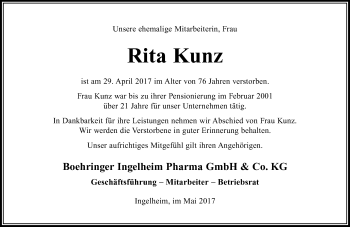 Traueranzeige von Rita Kunz von Trauerportal Rhein Main Presse