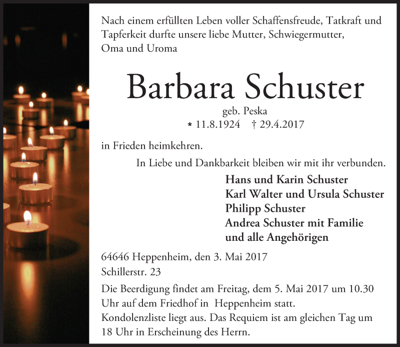  Traueranzeige für Barbara Schuster vom 03.05.2017 aus Trauerportal Echo Online