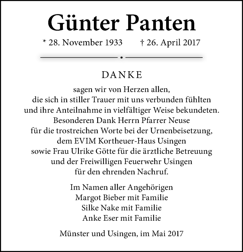  Traueranzeige für Günter Panten vom 20.05.2017 aus  Usinger Anzeiger