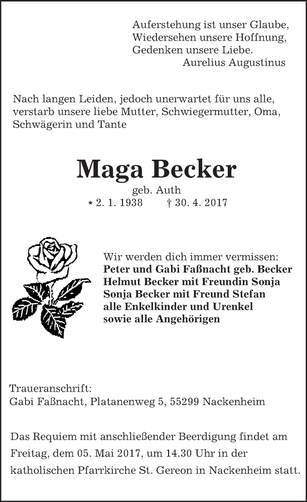  Traueranzeige für Maga Becker vom 05.05.2017 aus Trauerportal Rhein Main Presse