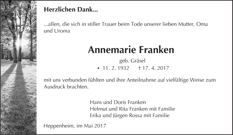  Traueranzeige für Annemarie Franken vom 13.05.2017 aus Trauerportal Echo Online