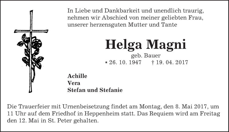  Traueranzeige für Helga Magni vom 06.05.2017 aus Trauerportal Echo Online