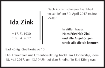 Traueranzeige von Ida Zink von Trauerportal Echo Online