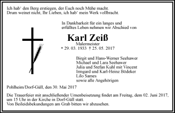 Traueranzeige von Karl Zeiß von  Gießener Anzeiger