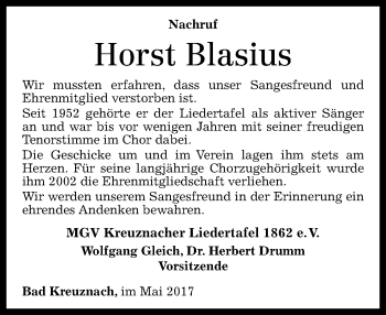 Traueranzeige von Horst Blasius von Trauerportal Rhein Main Presse