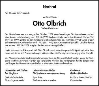 Traueranzeige von Otto Olbrich von  Gießener Anzeiger