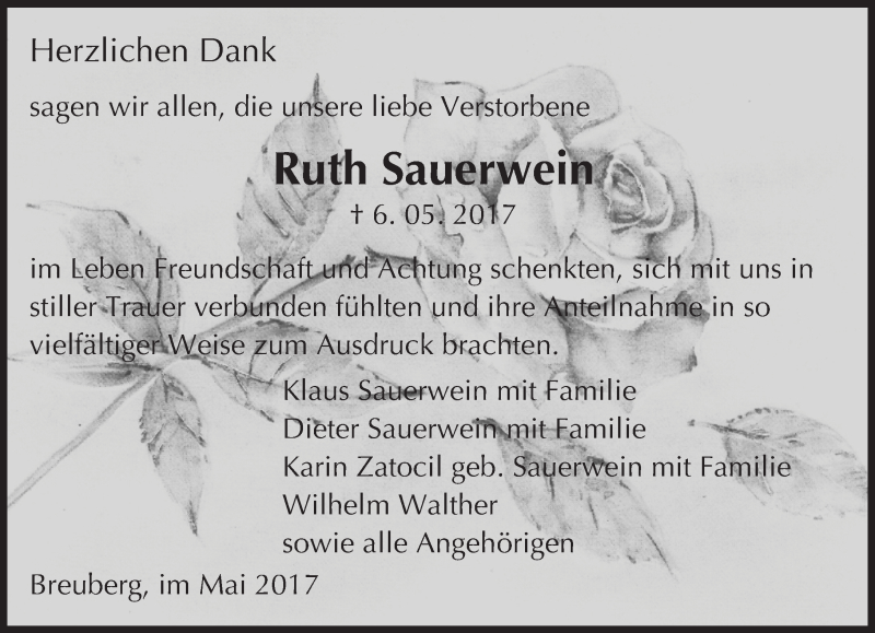  Traueranzeige für Ruth Sauerwein vom 17.05.2017 aus Trauerportal Echo Online