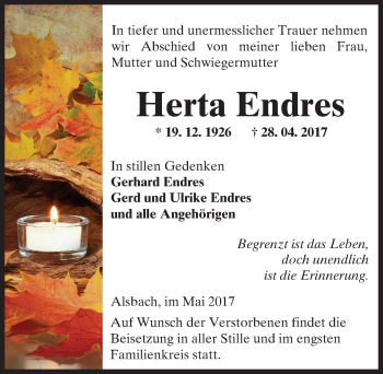 Traueranzeige von Herta Endres von Trauerportal Echo Online
