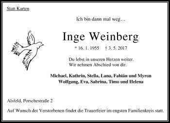 Traueranzeige von Inge Weinberg von VRM Trauer