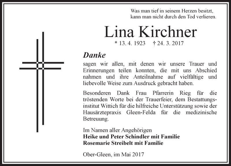  Traueranzeige für Lina Kirchner vom 13.05.2017 aus VRM Trauer