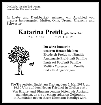 Traueranzeige von Katarina Preidt von  Gießener Anzeiger