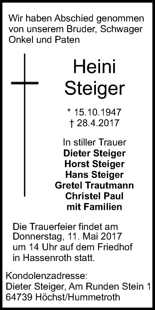  Traueranzeige für Heini Steiger vom 06.05.2017 aus Trauerportal Echo Online