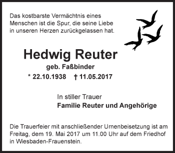 Traueranzeige von Hedwig Reuter von Trauerportal Rhein Main Presse