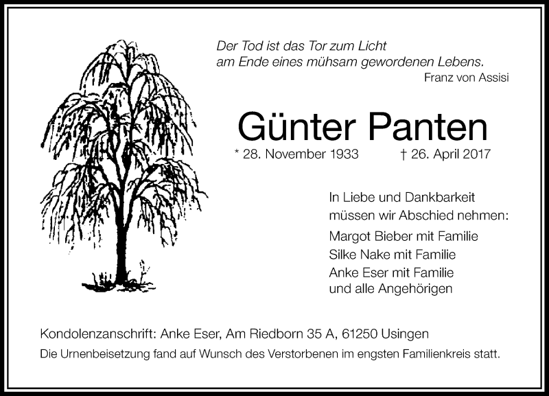  Traueranzeige für Günter Panten vom 06.05.2017 aus  Usinger Anzeiger