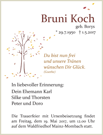 Traueranzeige von Bruni Koch von Trauerportal Rhein Main Presse