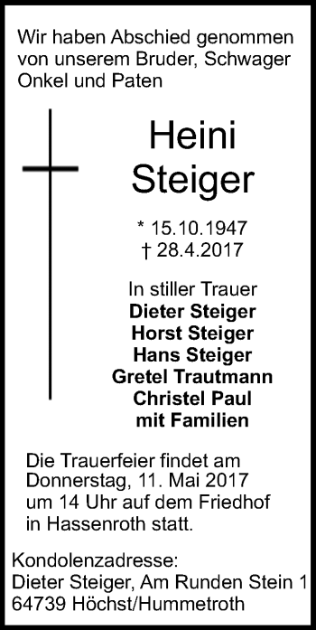 Traueranzeige von Heini Steiger von Trauerportal Echo Online
