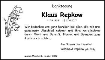 Traueranzeige von Klaus Repkow von Trauerportal Rhein Main Presse