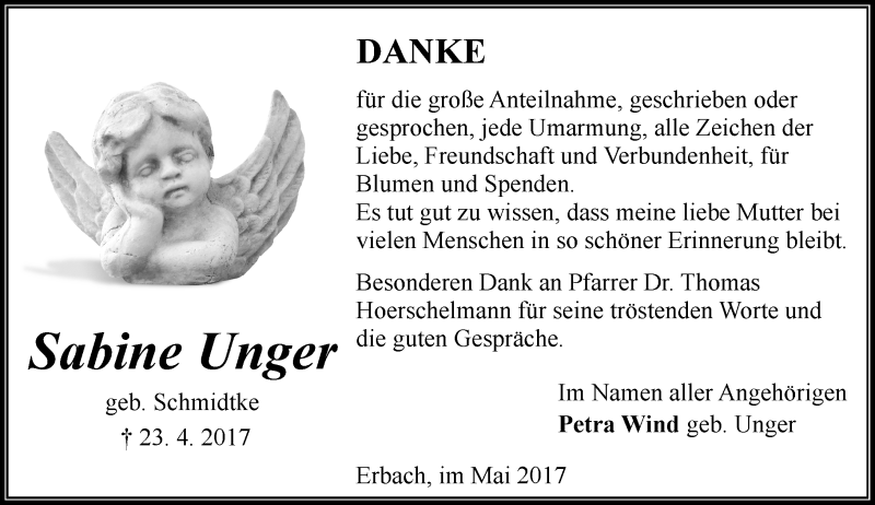  Traueranzeige für Sabine Unger vom 20.05.2017 aus Trauerportal Echo Online