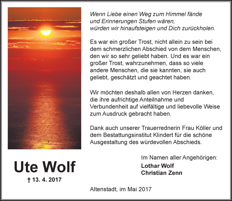  Traueranzeige für Ute Wolf vom 20.05.2017 aus  Kreisanzeiger