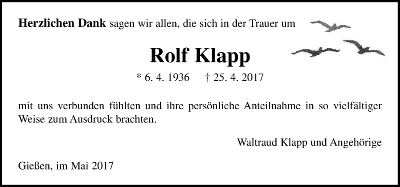  Traueranzeige für Rolf Klapp vom 27.05.2017 aus  Gießener Anzeiger