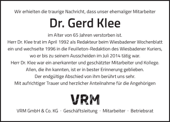 Traueranzeige von Gerd Klee von Trauerportal Rhein Main Presse