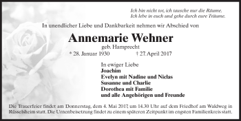 Traueranzeige von Annemarie Wehner von Trauerportal Rhein Main Presse