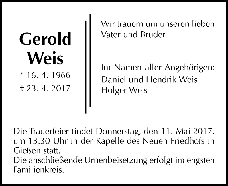  Traueranzeige für Gerold Weis vom 06.05.2017 aus  Gießener Anzeiger