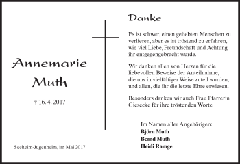 Traueranzeige von Annemarie Muth von Trauerportal Echo Online