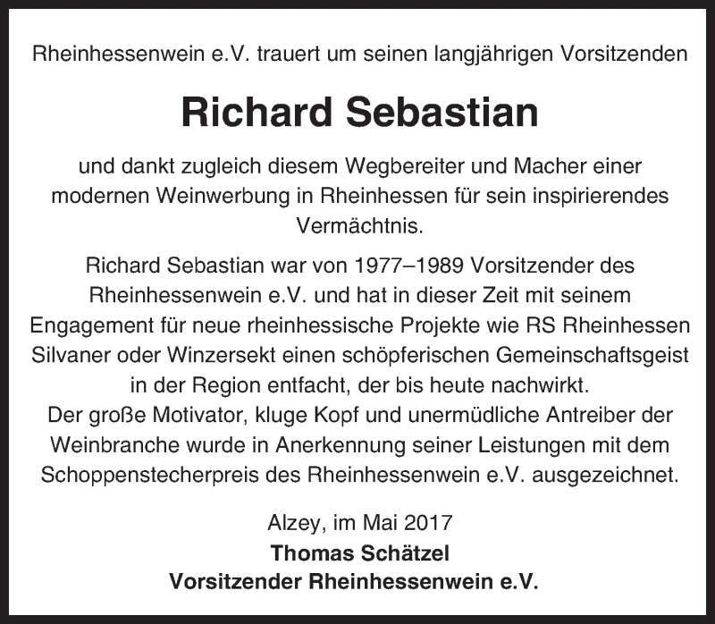  Traueranzeige für Richard Sebastian vom 08.05.2017 aus Trauerportal Rhein Main Presse