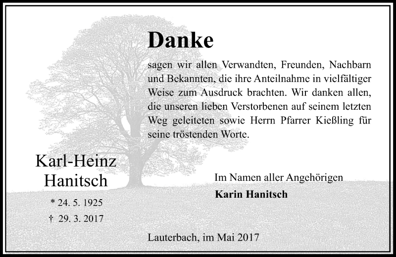  Traueranzeige für Karl-Heinz Hanitsch vom 20.05.2017 aus VRM Trauer
