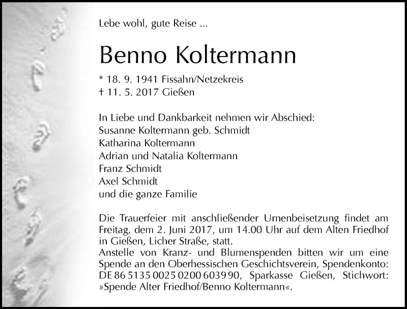  Traueranzeige für Benno Koltermann vom 24.05.2017 aus  Gießener Anzeiger