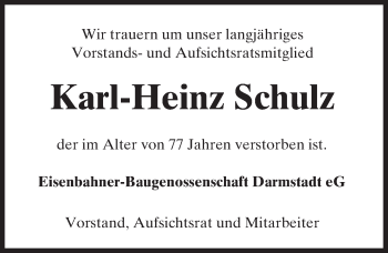 Traueranzeige von Karl-Heinz Schulz von Trauerportal Echo Online
