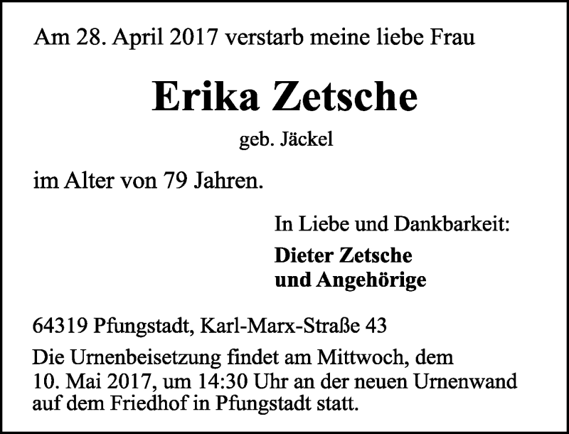  Traueranzeige für Erika Zetsche vom 06.05.2017 aus Trauerportal Echo Online
