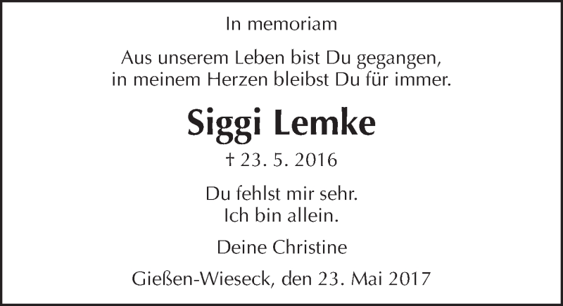  Traueranzeige für Siggi Lemke vom 23.05.2017 aus  Gießener Anzeiger